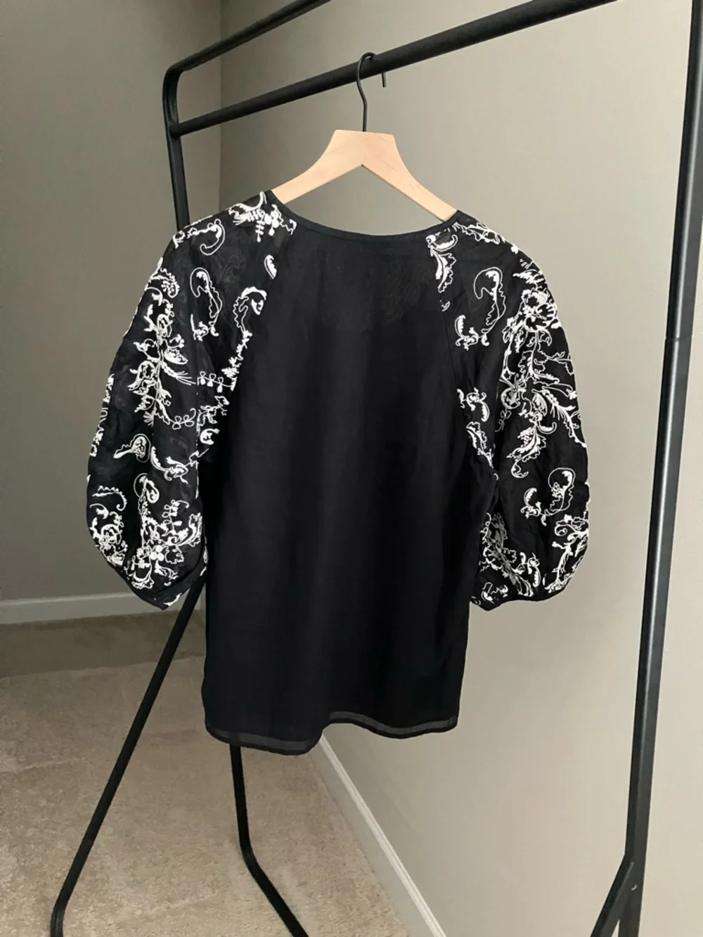NWOT Anthropologie Black Top with White Floral Embroidery
